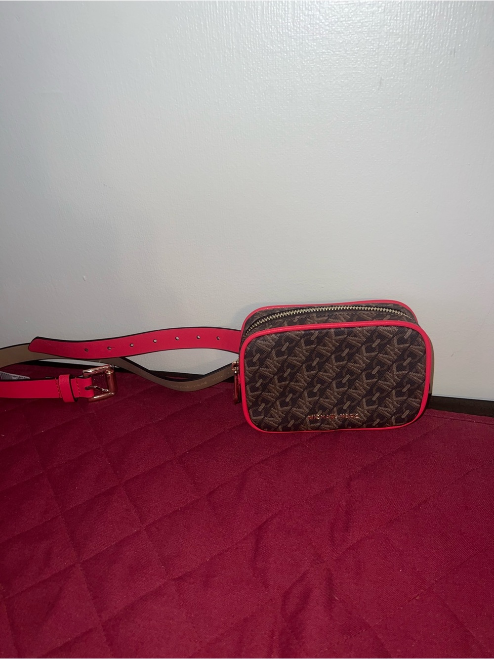 Michael Kors Brown Monogram Crossbody with Pink Trim